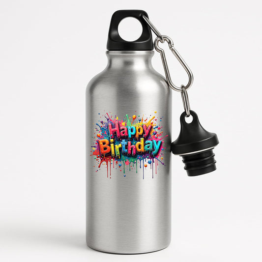 Silver aluminium water bottle with a rainbow graffiti “Happy Birthday” design