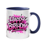 Colour handle mug with hot pink graffiti “Happy Birthday” lettering – dark blue handle and inside