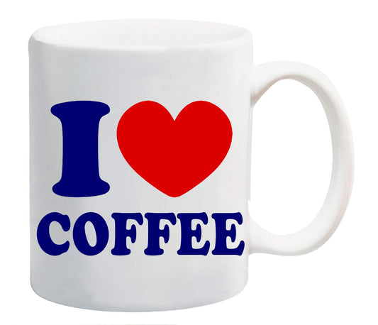 White mug printed “I ❤ COFFEE” in navy with a red heart