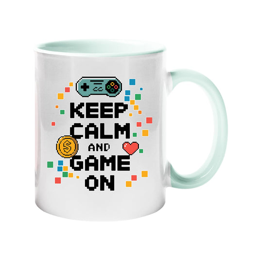Colour handle mug with “Keep Calm and Game On” with a game controller – mint green handle and inside