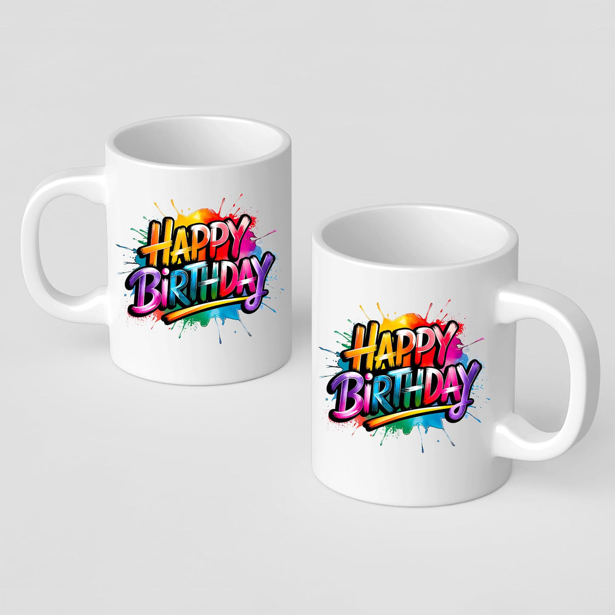 Two Happy Birthday mugs showing the print on both sides