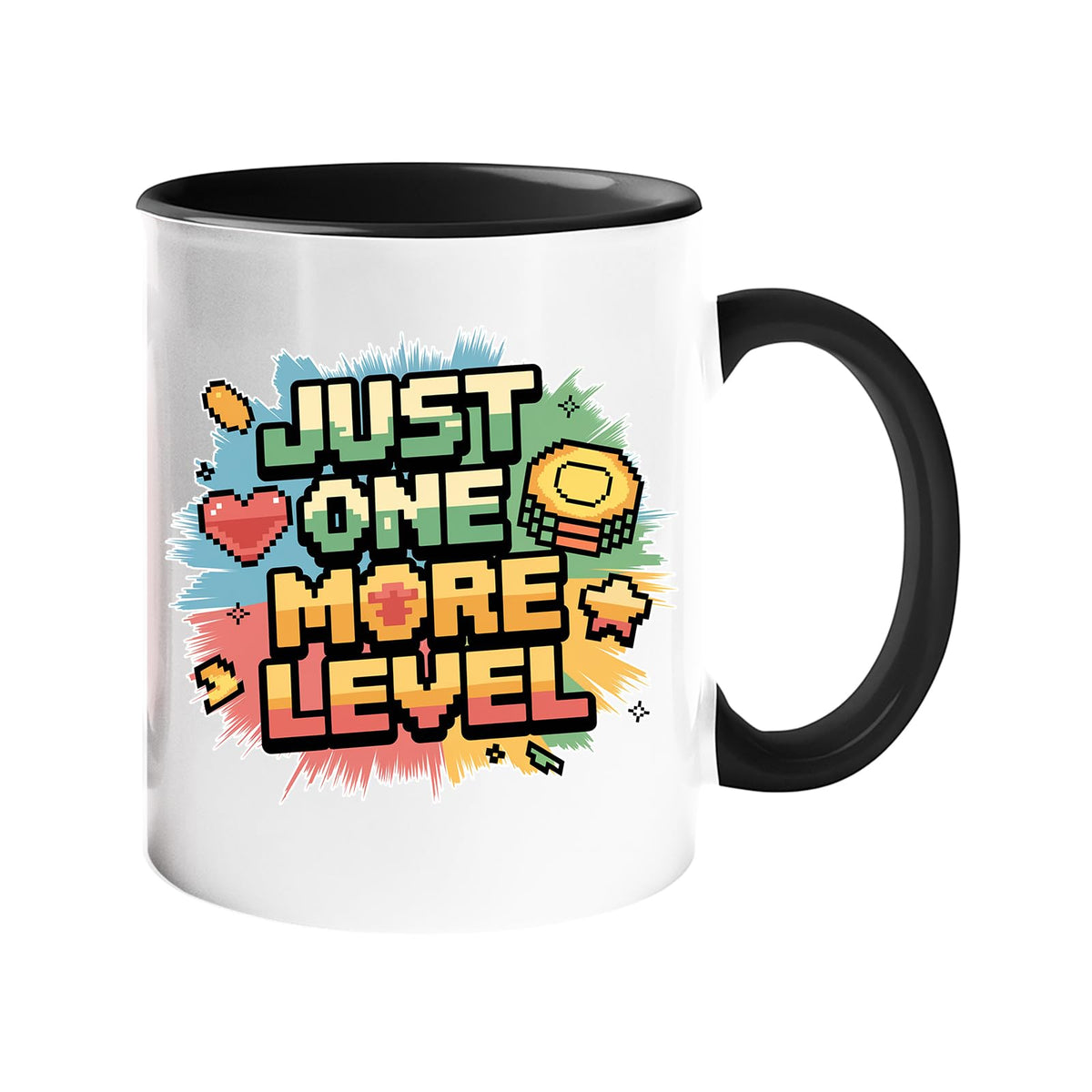 Colour handle mug with a retro “Just One More Level” design with a heart and star – black handle and inside