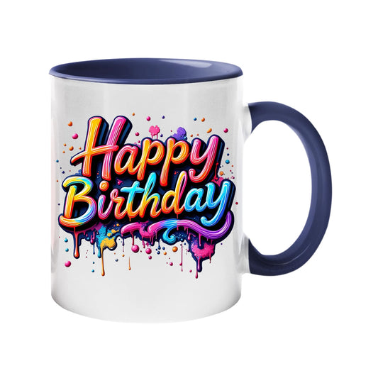 Colour handle mug with rainbow drip-script “Happy Birthday” lettering