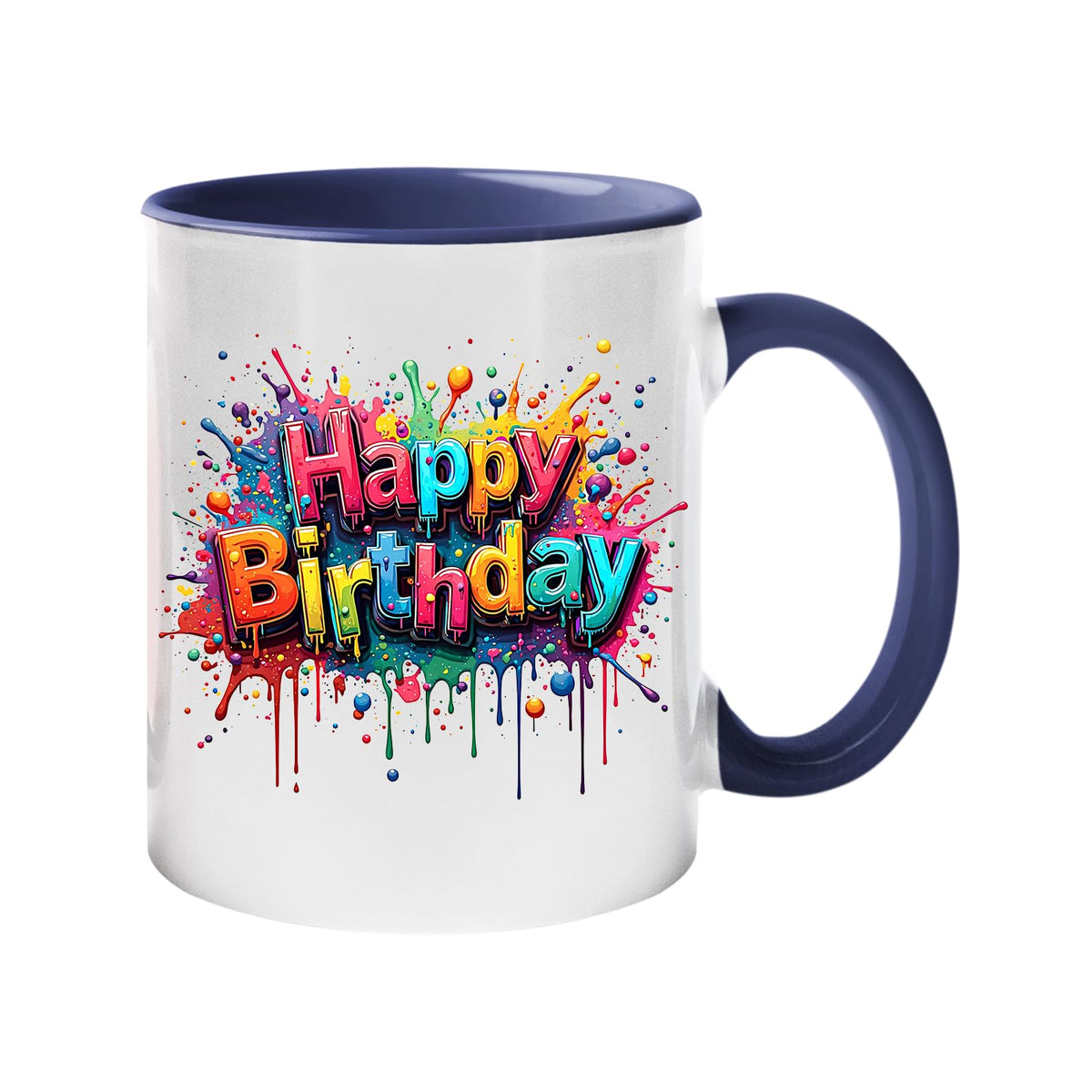 Colour handle mug with rainbow splash-script “Happy Birthday” lettering