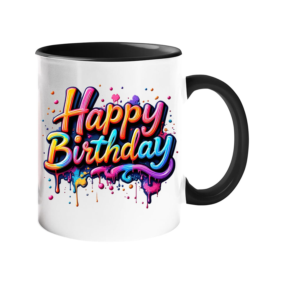 Happy Birthday Colour Mug – Vibrant Paint Drip Design Ceramic Cup for Men, Women & Kids
