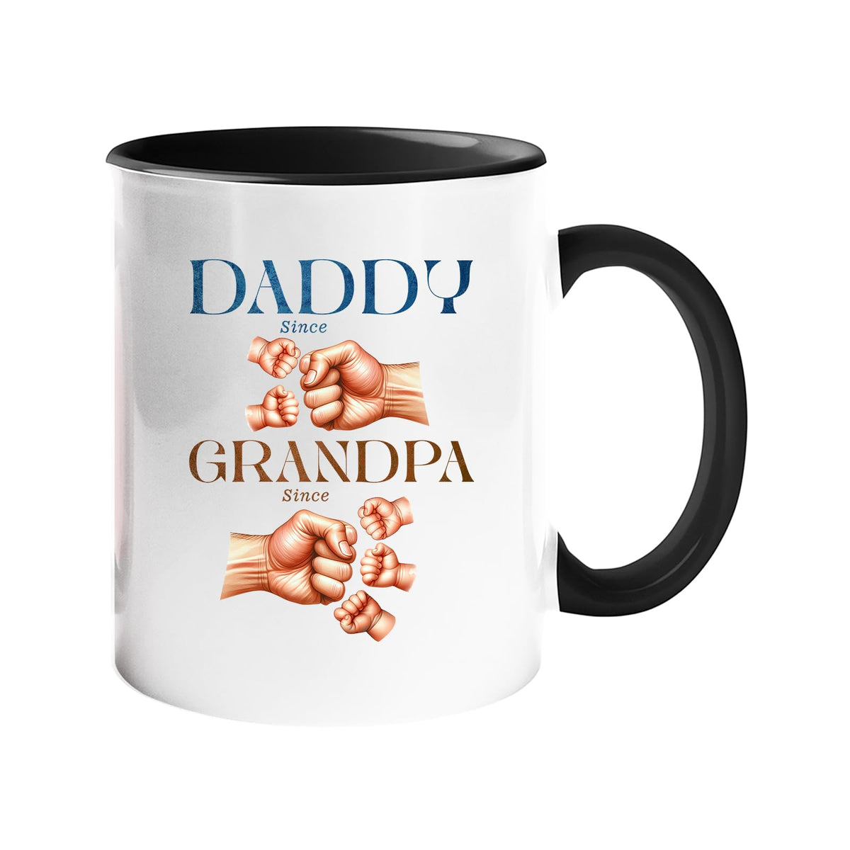 Colour handle mug with “Daddy since” and “Grandpa since” with generations of fist bumps – black handle and inside
