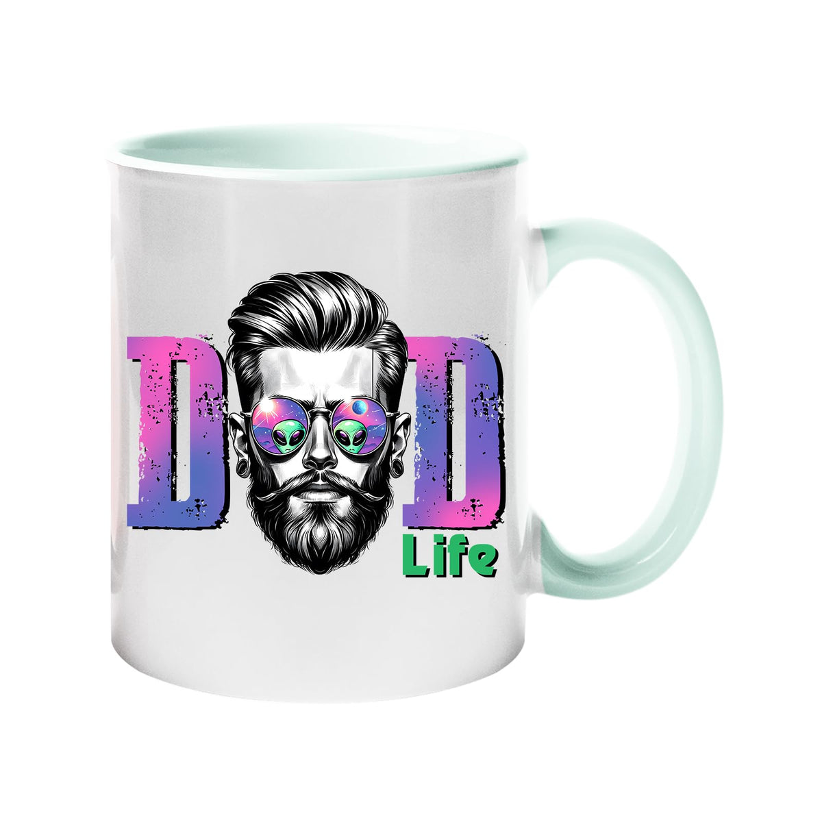 Colour handle mug with a bearded dad in sunglasses between pink “DAD” letters signed “Life” – lime handle and inside