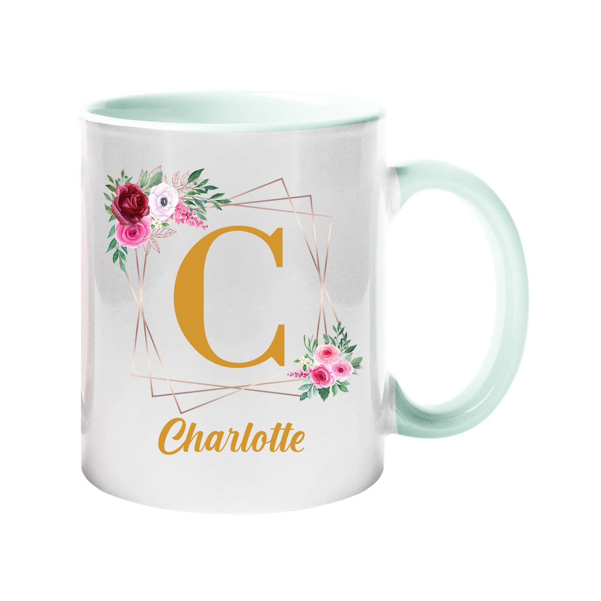 Lime handle mug with a gold initial in a floral frame and an example name