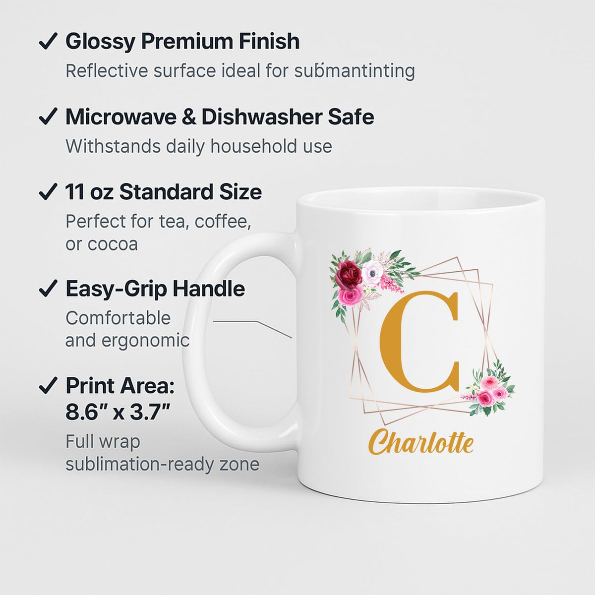 White mug with a gold initial in a floral frame and an example name and feature labels