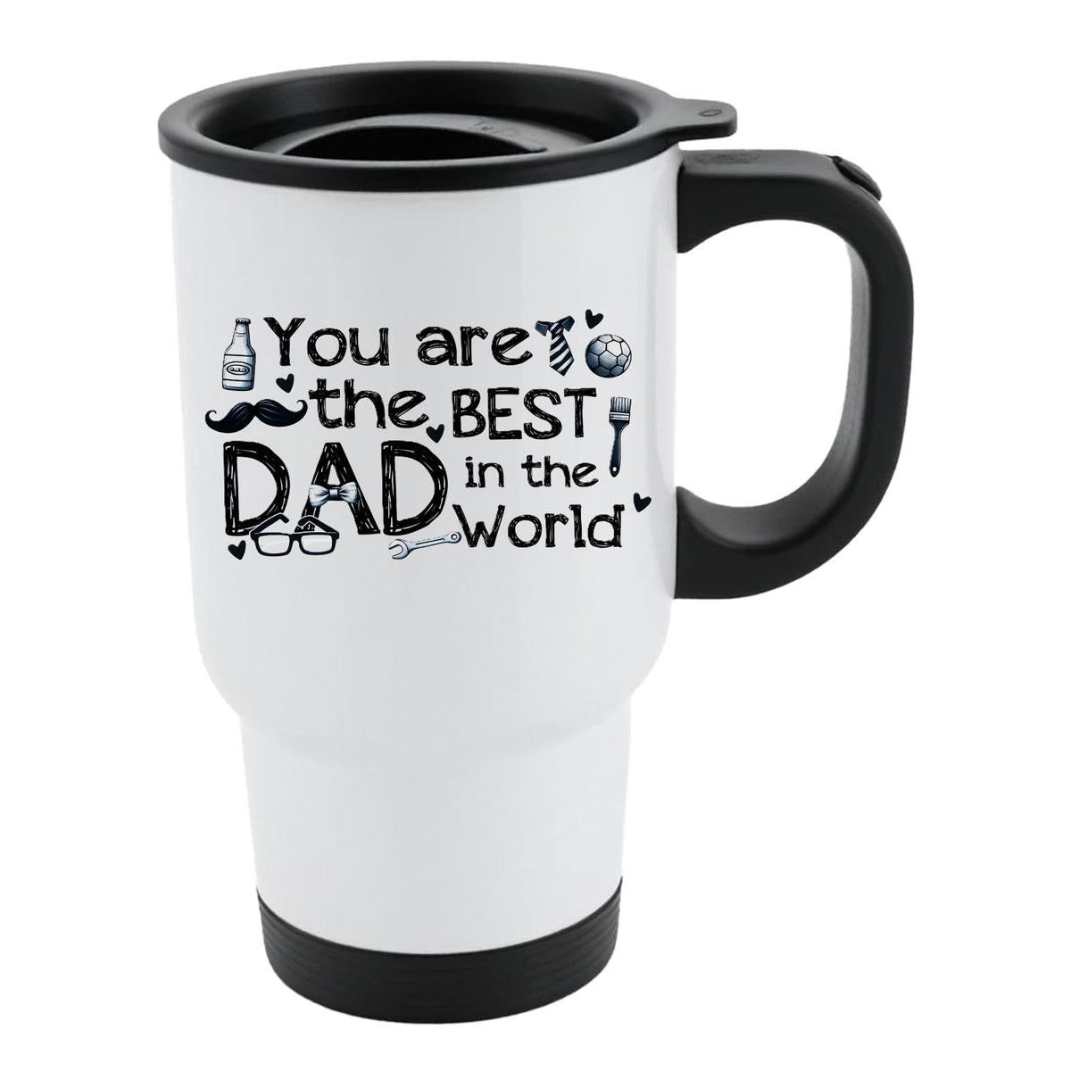 White travel mug with black lid and “You are the best Dad in the world” with hand-drawn dad icons