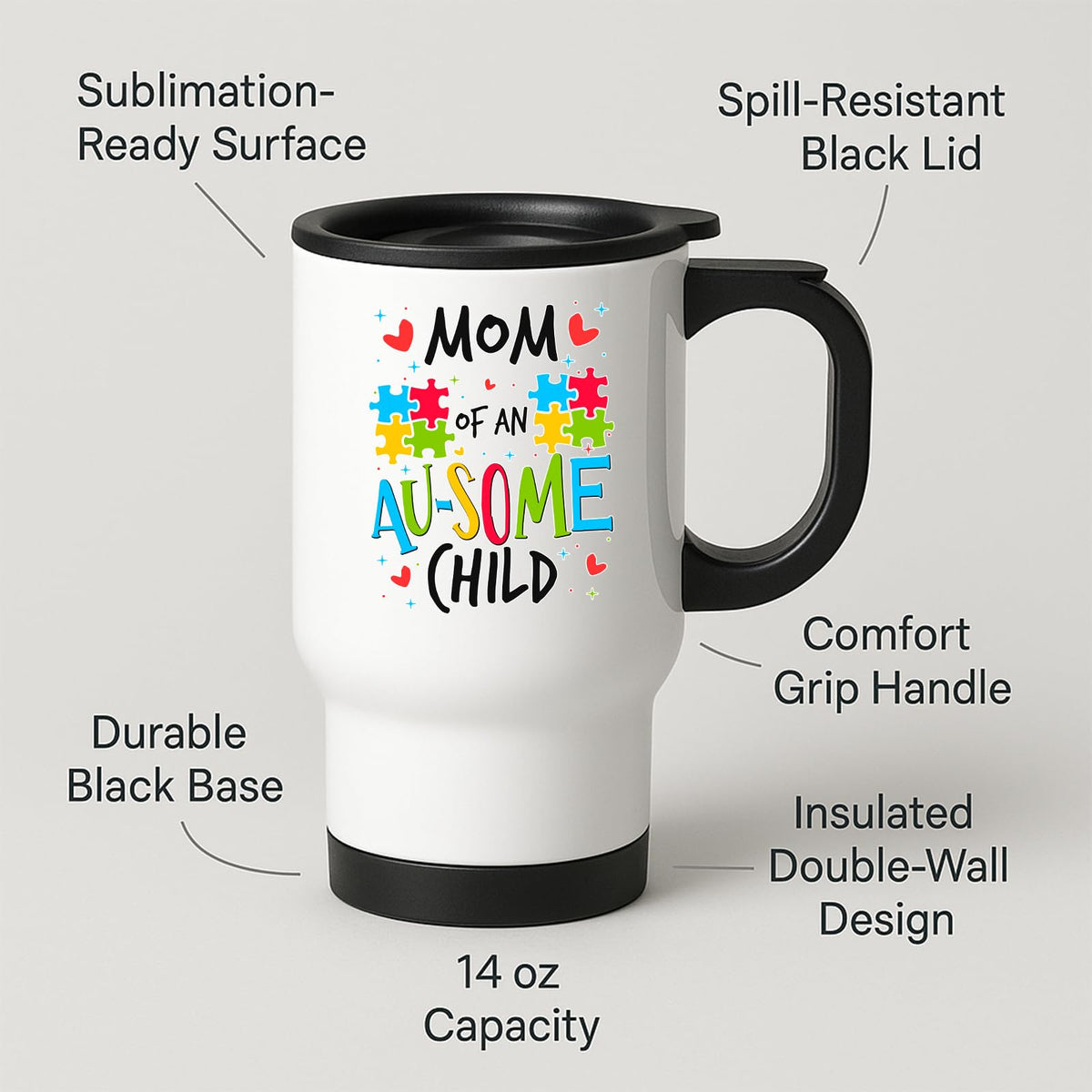 Travel mug with labels for spill-resistant lid, insulated double wall and 14oz capacity