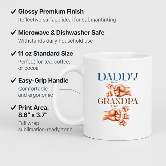 White mug with labels for 11oz size, glossy finish, easy-grip handle and print area