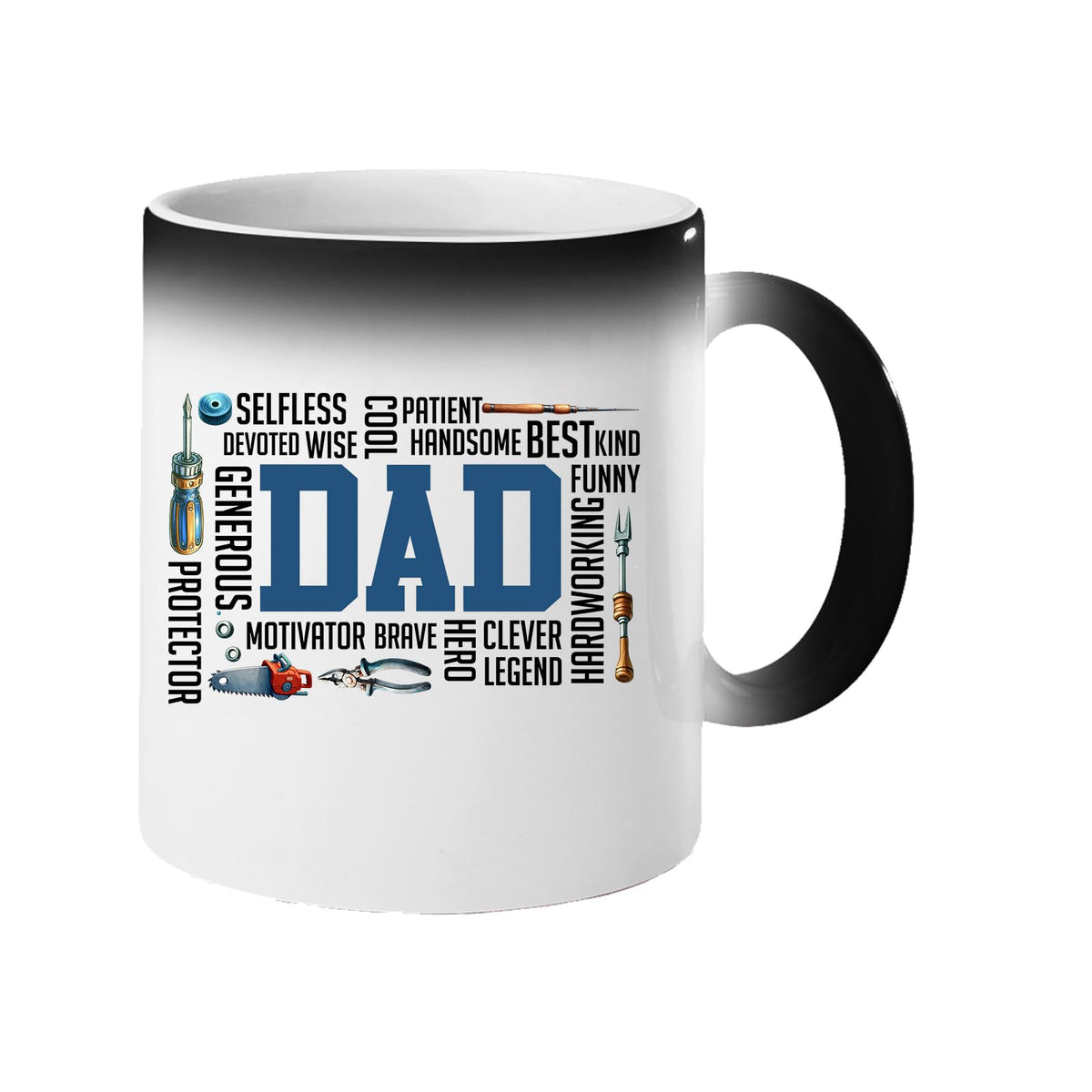 Colour changing mug revealing a big blue “DAD” surrounded by words like selfless, wise, funny, brave, hero and legend