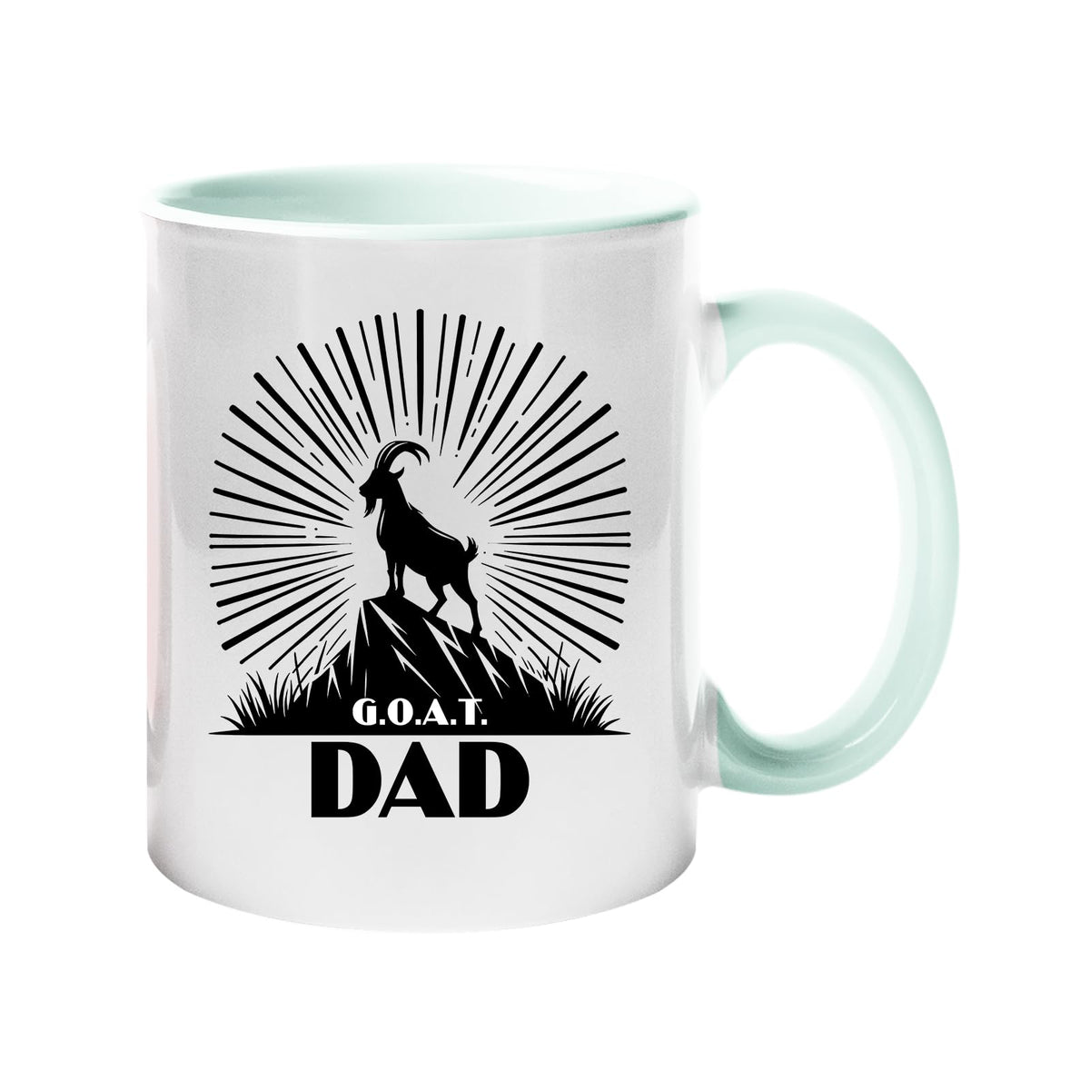 Colour handle mug with a mountain goat on a peak with a sunburst and “G.O.A.T. Dad” – lime handle and inside