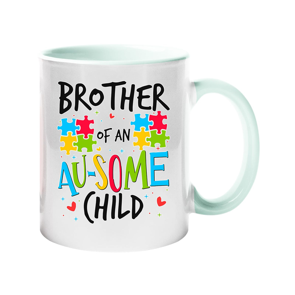 Colour handle mug with “Brother of an AU-SOME child” with colourful puzzle pieces – lime handle and inside