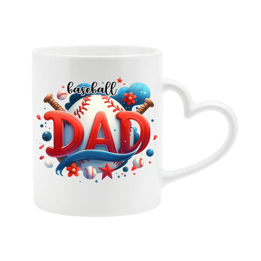 White heart-handle mug with “Baseball DAD” in bold red letters with a baseball and bats