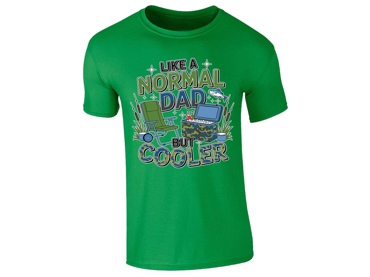Irish Green men's T-shirt with “Like a normal dad but cooler” camping chair and cool box design
