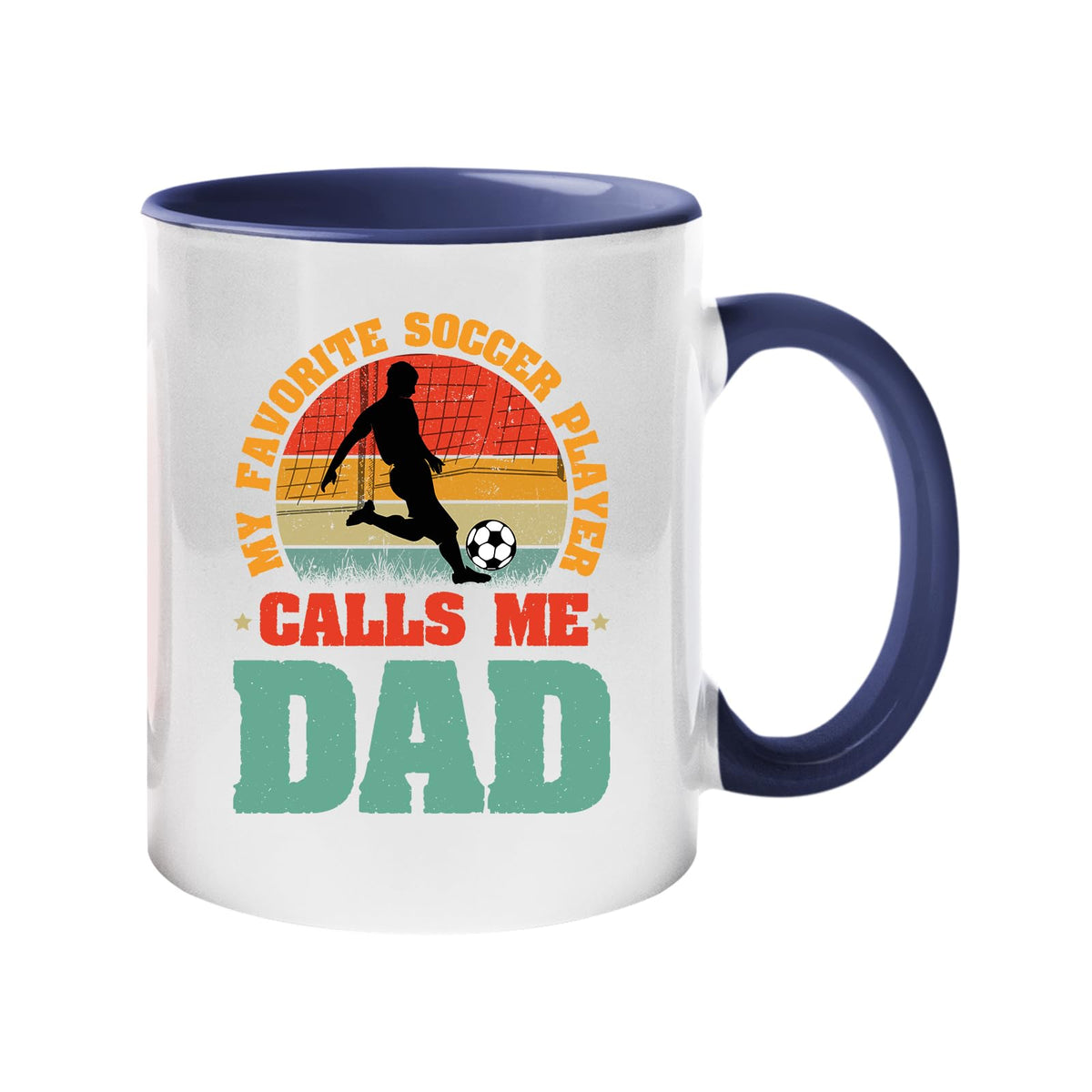 Colour handle mug with a footballer in silhouette on a retro sunset with “My favorite soccer player calls me Dad” – dark blue handle and inside