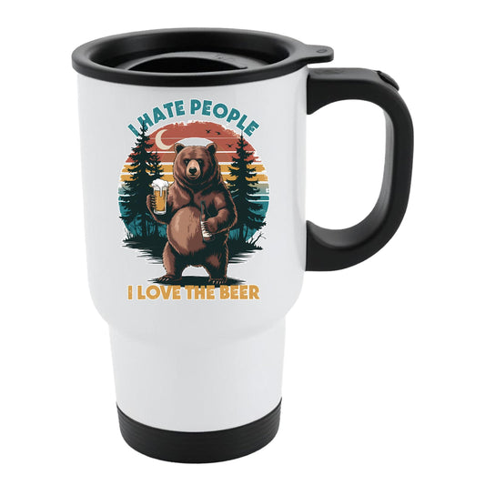 White travel mug with black lid and a bear holding a beer against a retro forest sunset with “I hate people, I love the beer”