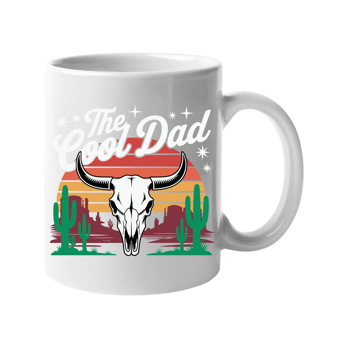 White mug with a bull skull, cacti and a retro desert sunset with “The Cool Dad”