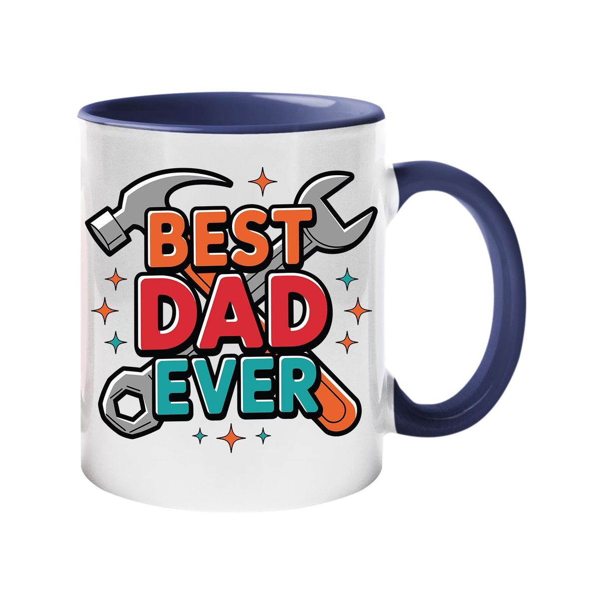 Colour handle mug with “Best Dad Ever” framed by a hammer and spanner – dark blue handle and inside