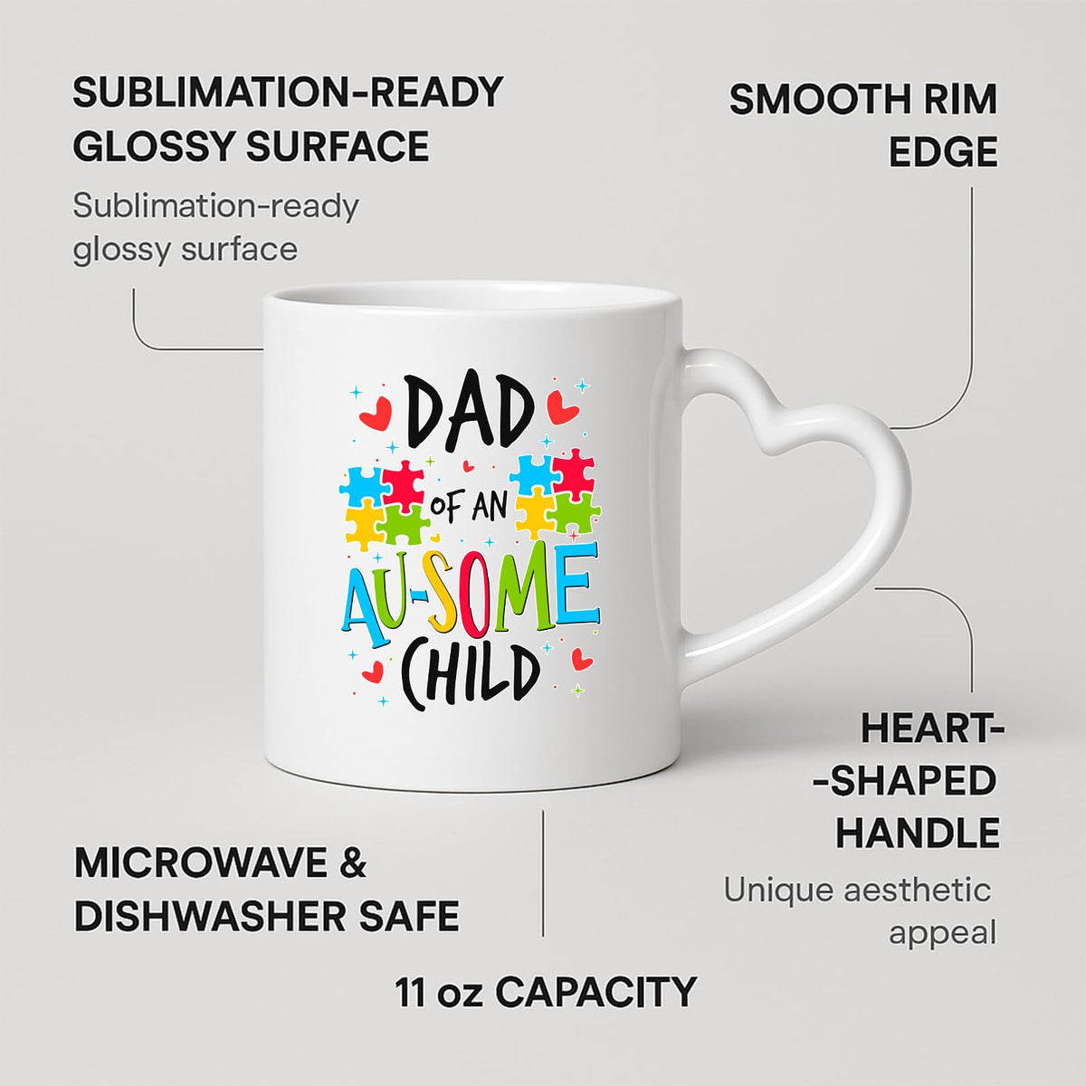 Heart-handle mug with labels for 11oz capacity, glossy surface and heart-shaped handle