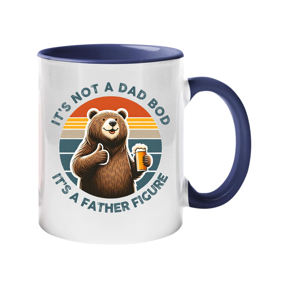Colour handle mug with a thumbs-up bear with a beer on a retro sunset and “It’s not a dad bod, it’s a father figure” – dark blue handle and inside