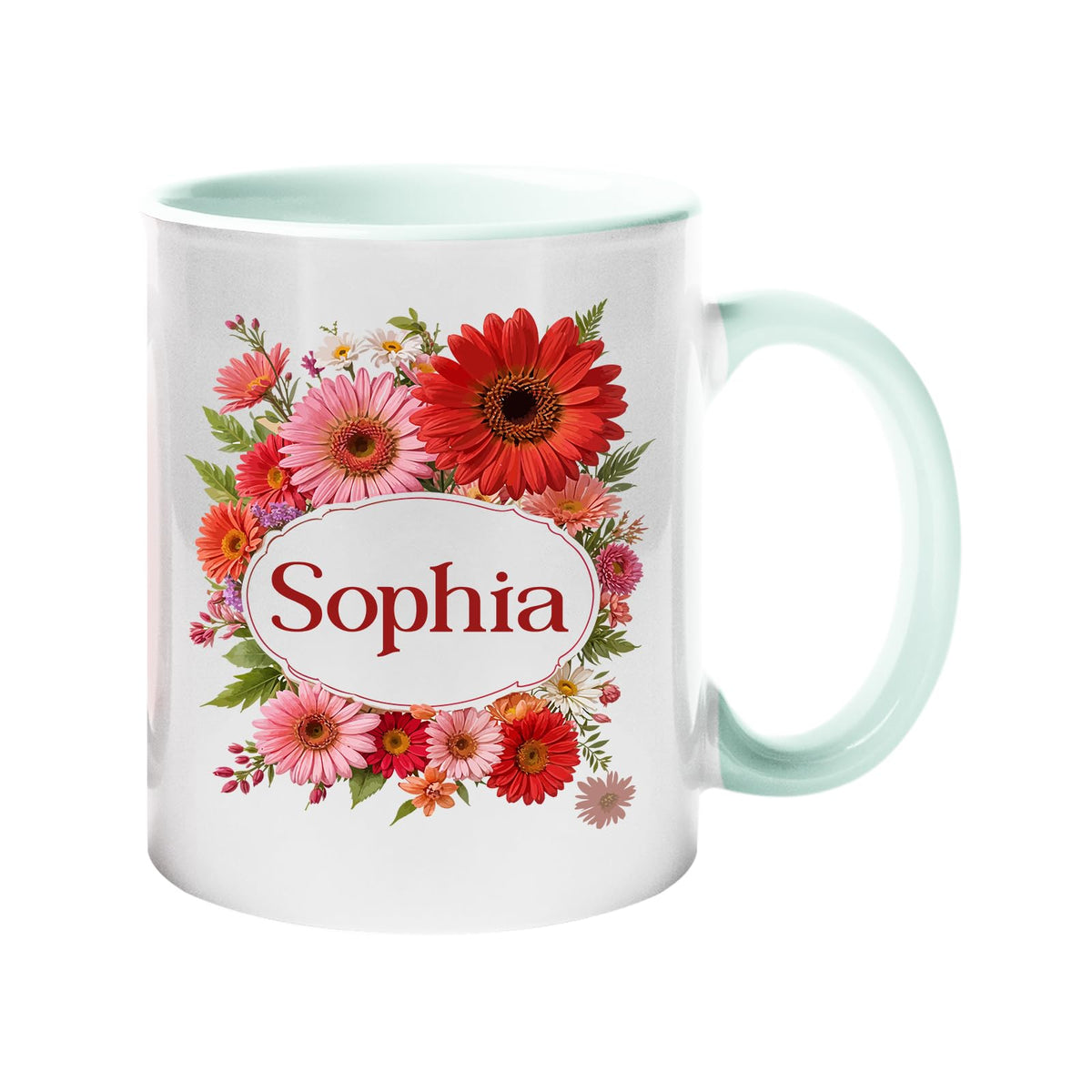 Lime handle mug with a red gerbera wreath around an example name