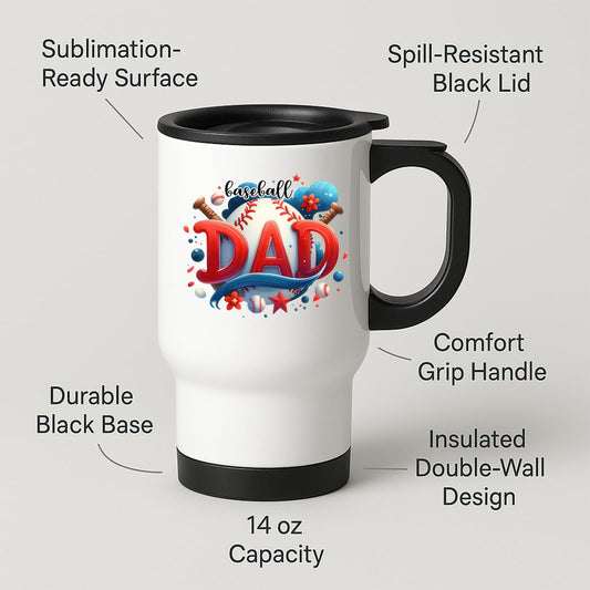 Travel mug with labels for spill-resistant lid, insulated double wall and 14oz capacity