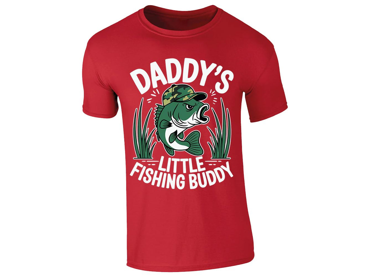 Red men's T-shirt with “Daddy’s little fishing buddy” bass in camo cap design