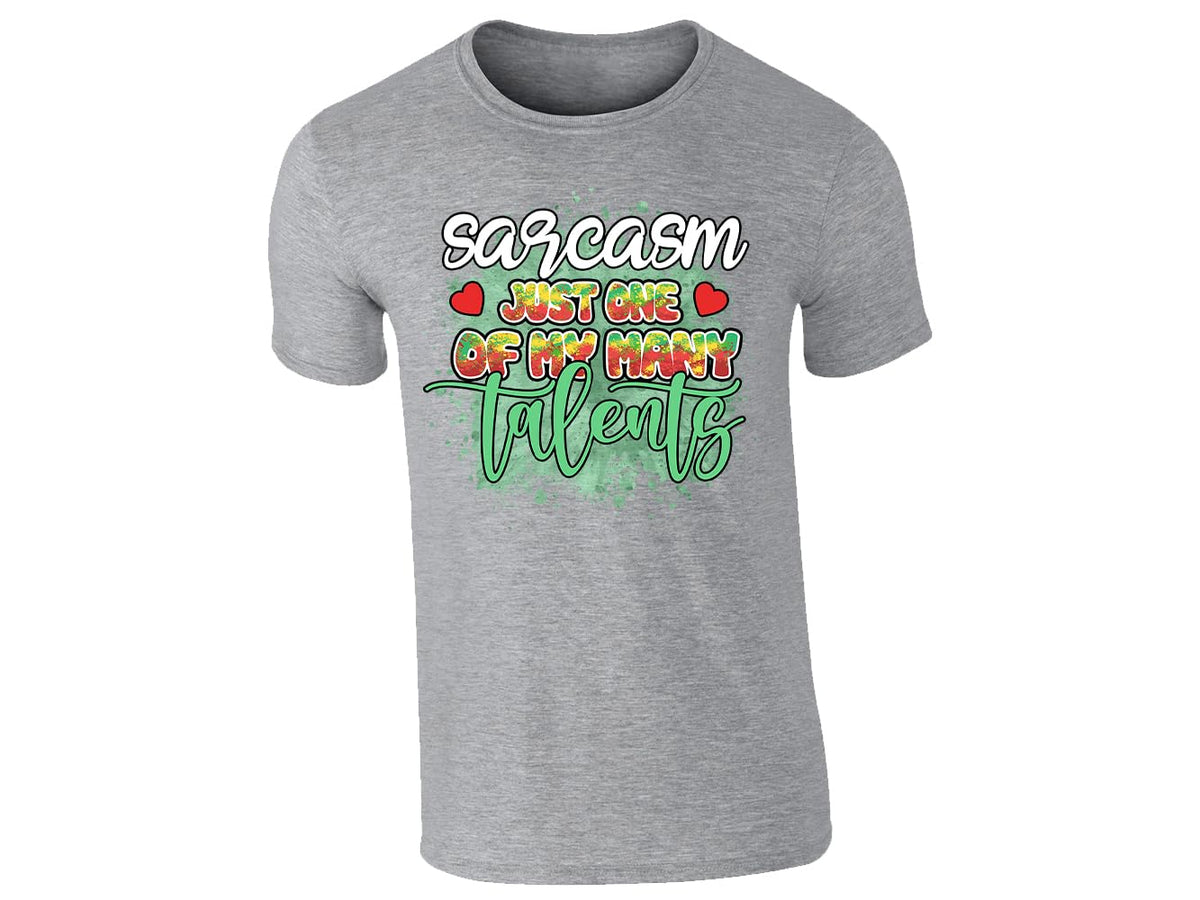 Heather Grey men's T-shirt with “Sarcasm – just one of my many talents” design