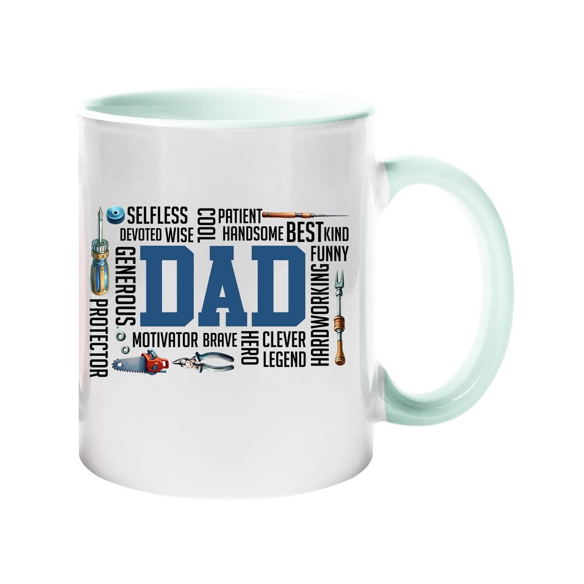 Colour handle mug with a big blue “DAD” surrounded by words like selfless, wise, funny, brave, hero and legend – lime handle and inside