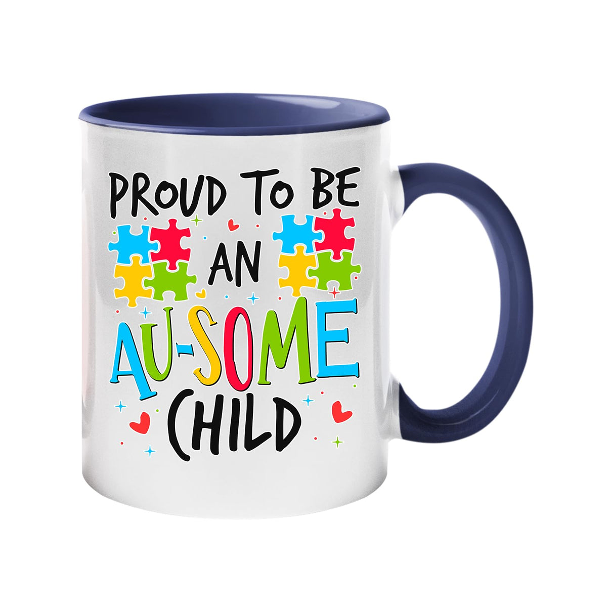 Colour handle mug with “Proud to be an AU-SOME child” with colourful puzzle pieces – dark blue handle and inside