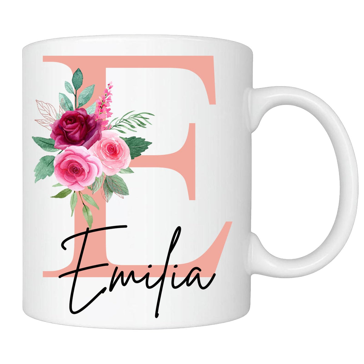 White mug with a blush pink E initial, roses and the name Emilia