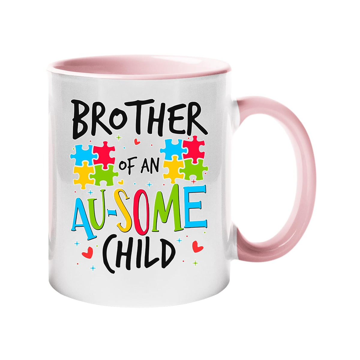 Colour handle mug with “Brother of an AU-SOME child” with colourful puzzle pieces – light pink handle and inside