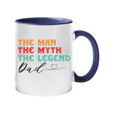 Colour handle mug with “The man, the myth, the legend” in retro colours signed “Dad” with a heart – dark blue handle and inside