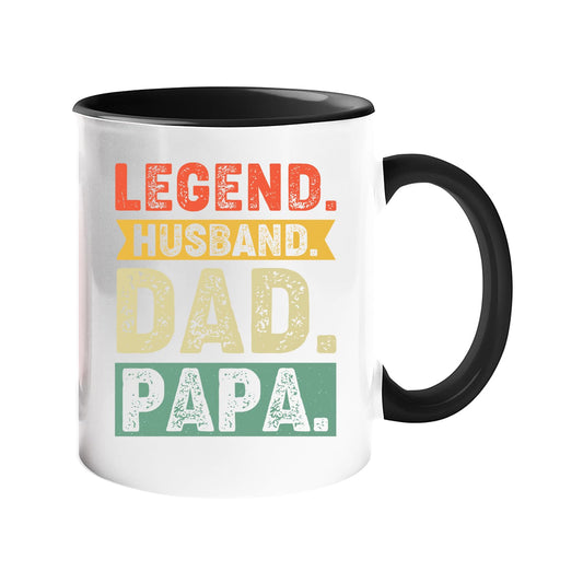 Colour handle mug with “Legend. Husband. Dad. Papa.” in distressed retro colour blocks – black handle and inside