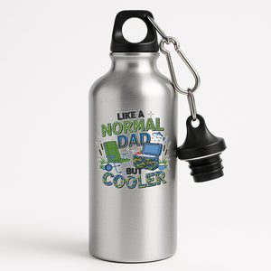 Silver aluminium water bottle with camping chairs, a cool box and a fishing rod with “Like a normal dad, but cooler”
