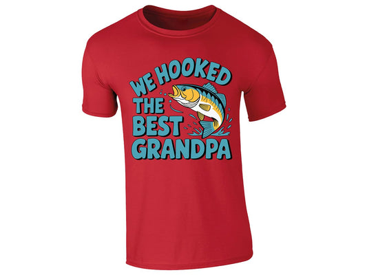 Red men's T-shirt with a We Hooked the Best Grandpa fishing design