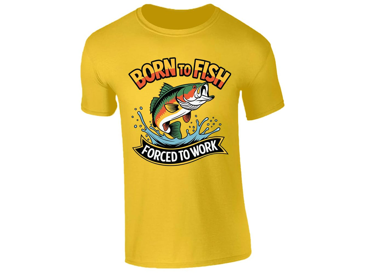 Yellow men's T-shirt with “Born to fish, forced to work” leaping bass design