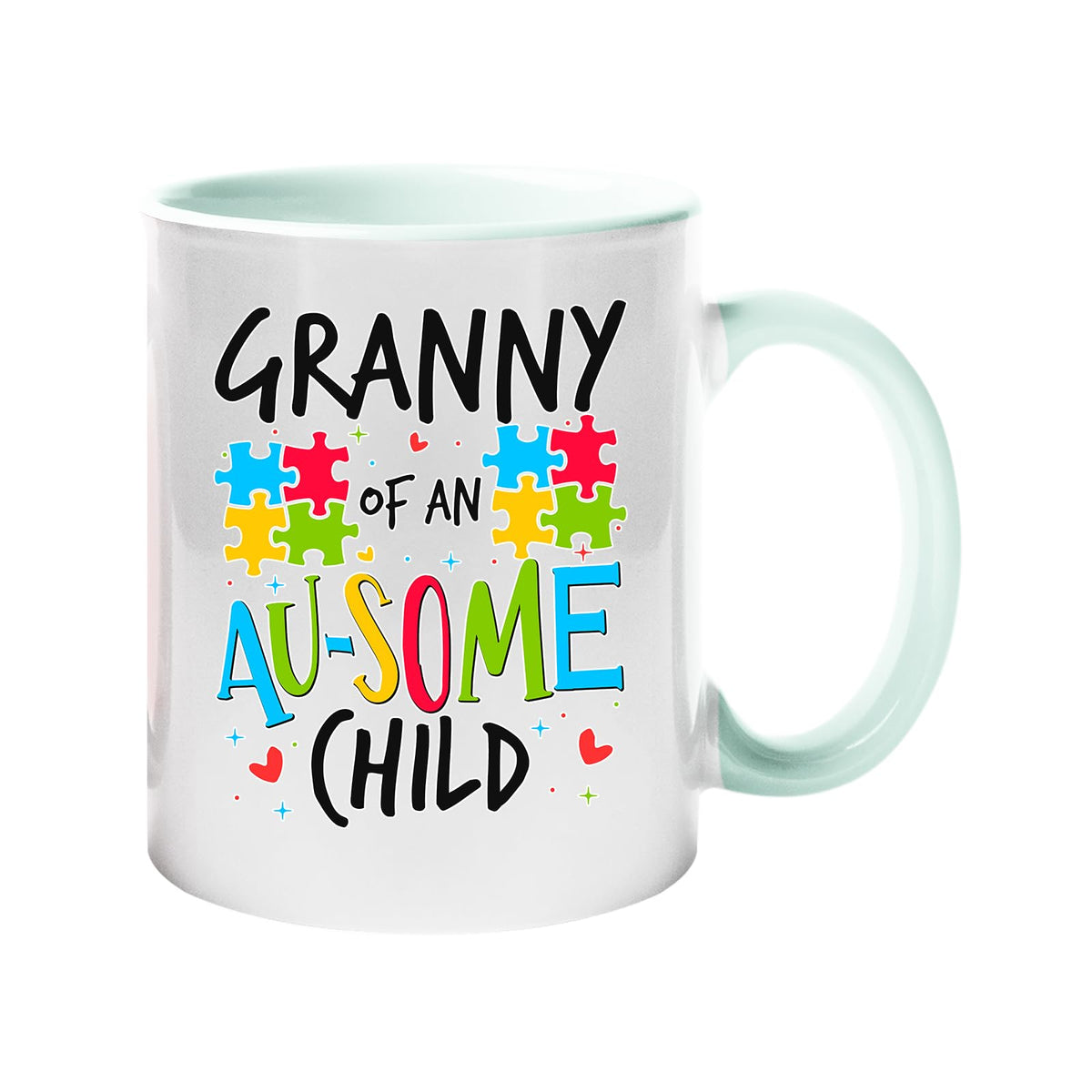 Colour handle mug with “Granny of an AU-SOME child” with colourful puzzle pieces – lime handle and inside