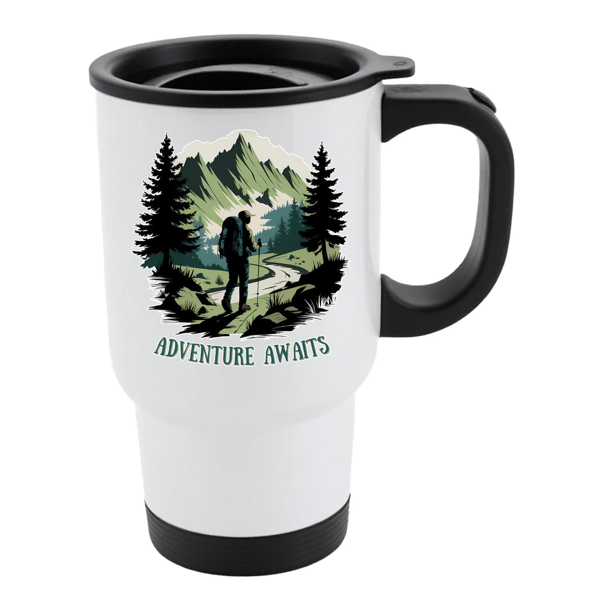 White travel mug with black lid and a hiker on a mountain trail between pine trees with “Adventure awaits”