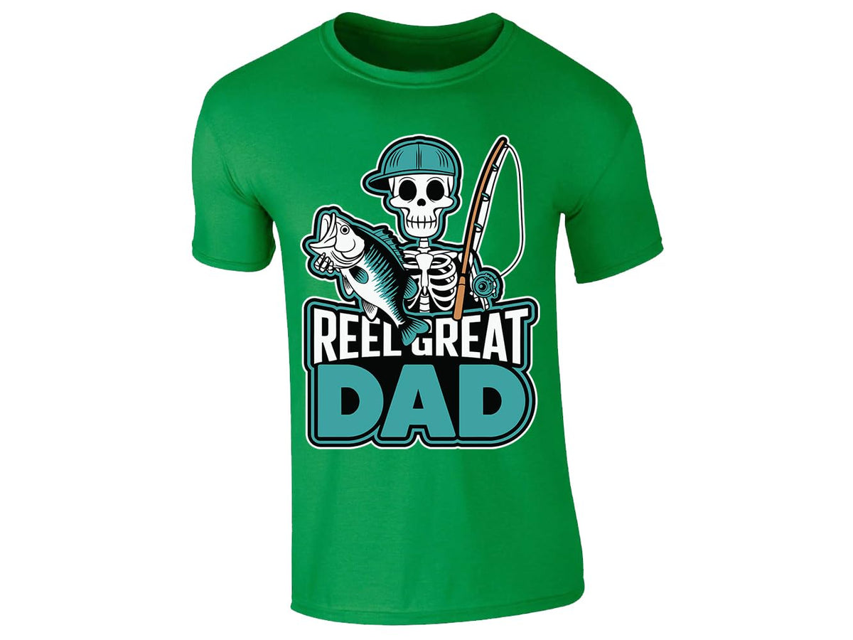 Irish Green men's T-shirt with “Reel Great Dad” skeleton angler design