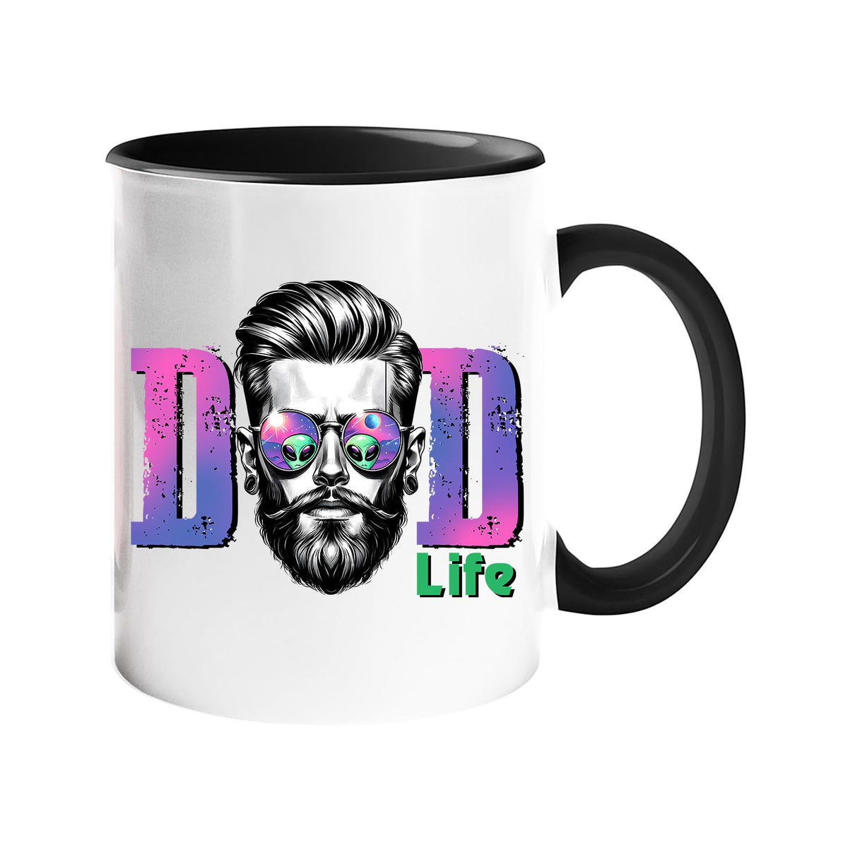 Colour handle mug with a bearded dad in sunglasses between pink “DAD” letters signed “Life” – black handle and inside