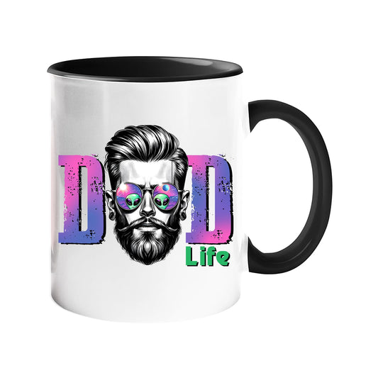 Colour handle mug with a bearded dad in sunglasses between pink “DAD” letters signed “Life” – black handle and inside