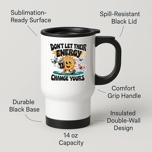 Travel mug with labels for spill-resistant lid, insulated double wall and 14oz capacity
