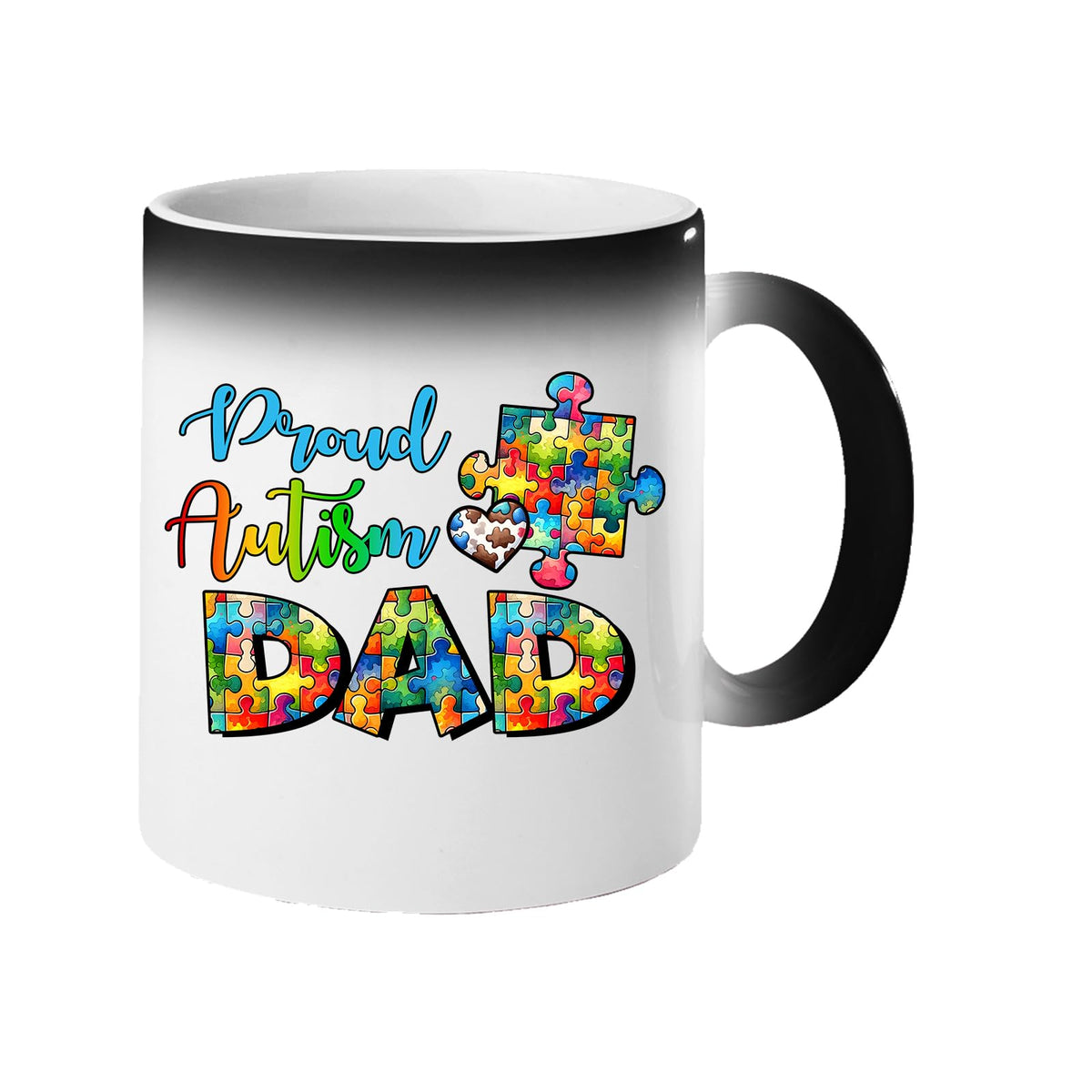 Colour changing mug revealing “Proud Autism Dad” with letters filled with colourful puzzle pieces