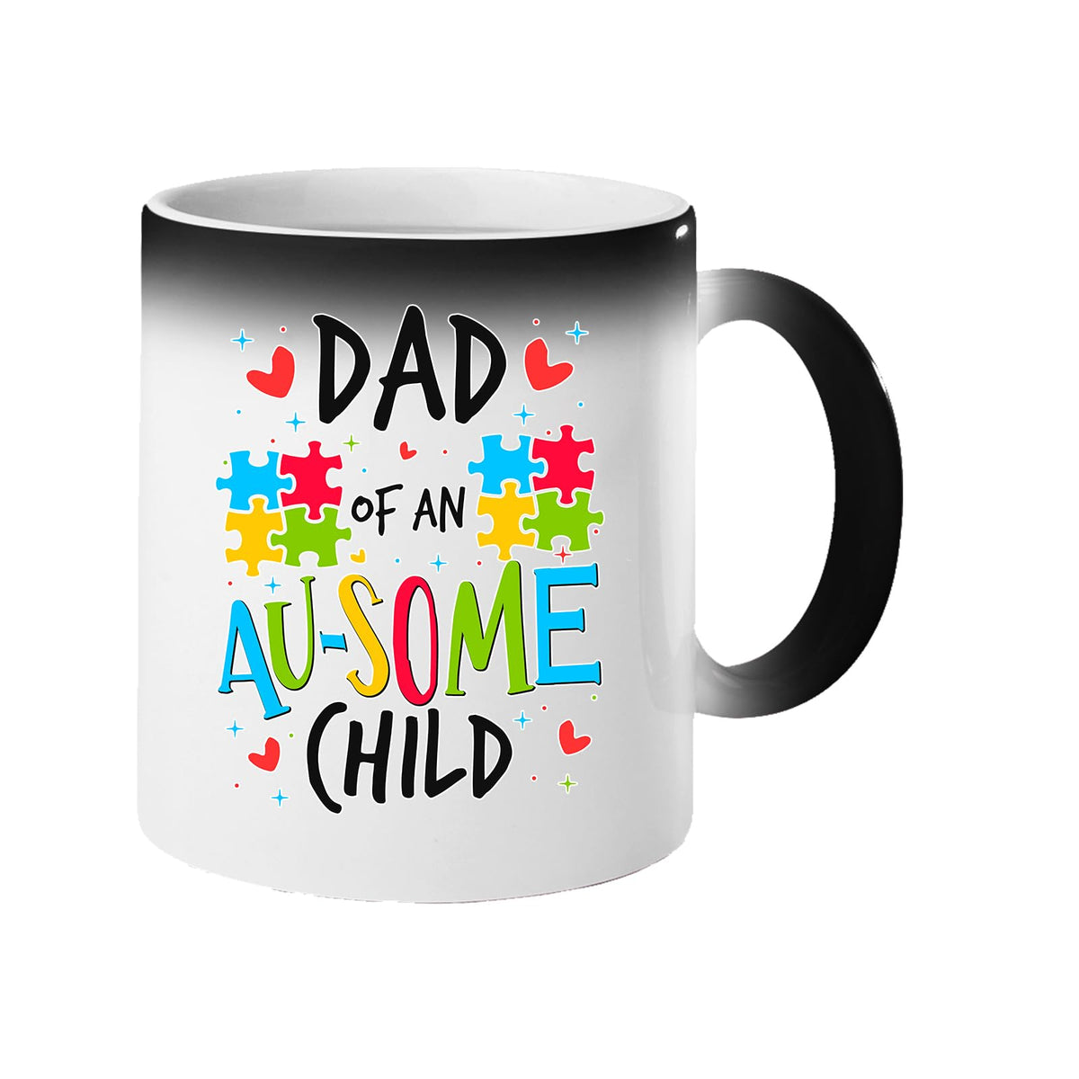 Colour changing mug revealing “Dad of an AU-SOME child” with colourful puzzle pieces and hearts