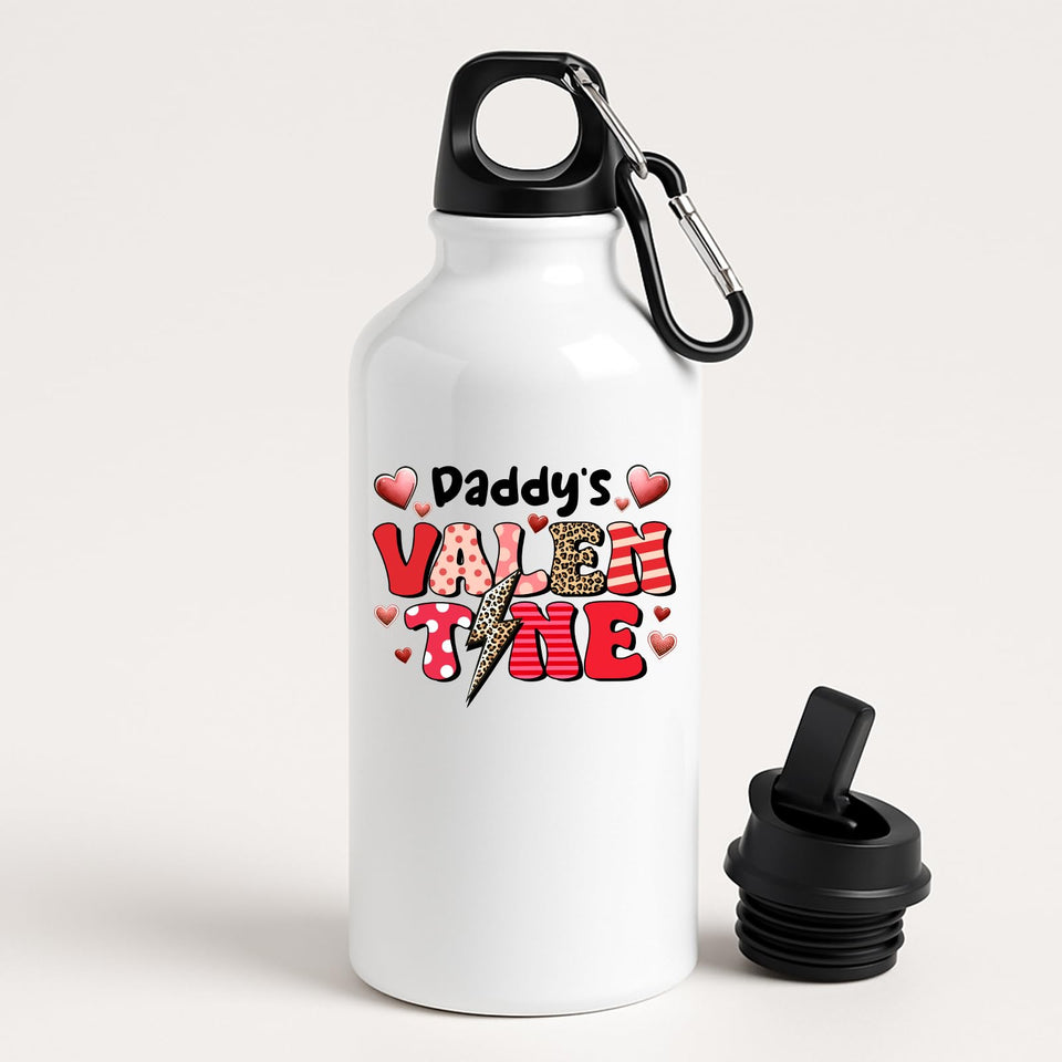 White aluminium water bottle with “Daddy’s Valentine” in patterned letters with hearts and a leopard lightning bolt