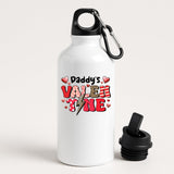 White aluminium water bottle with “Daddy’s Valentine” in patterned letters with hearts and a leopard lightning bolt